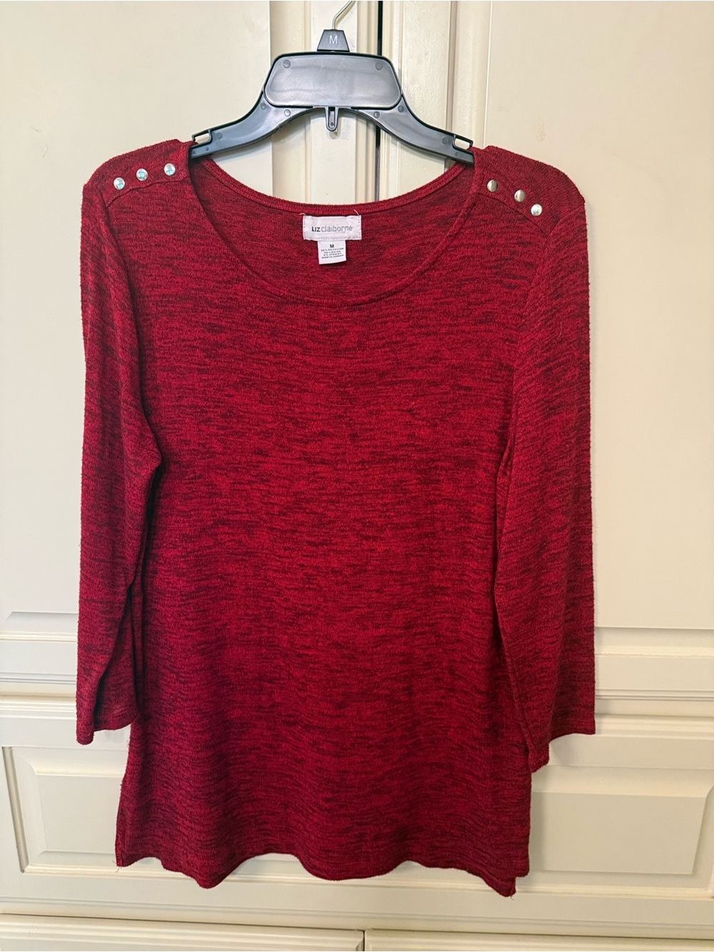 Liz Claiborne Crimson Red Button-Accent 3/4 Sleeve Top - Size M